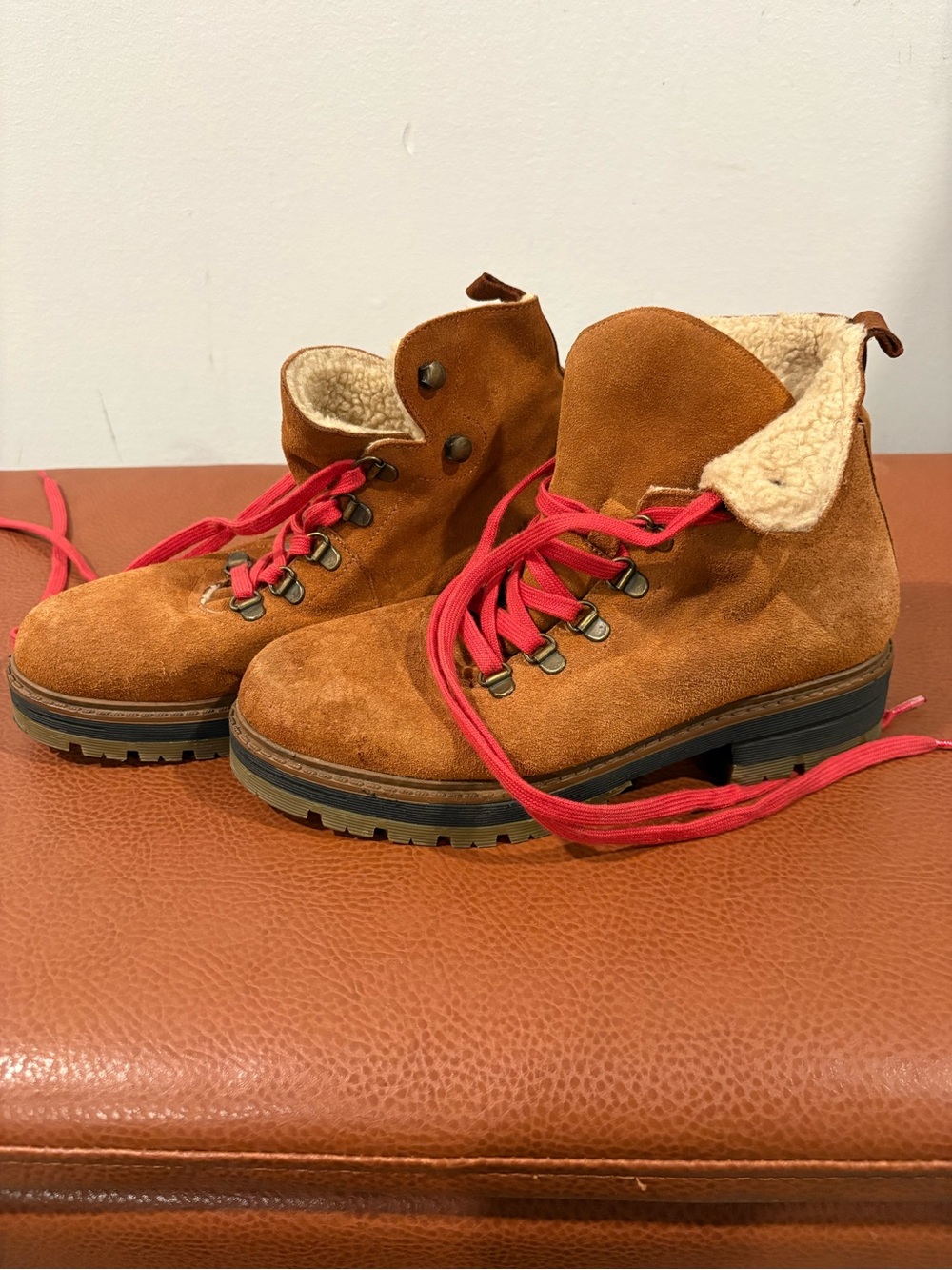Suede Shearling-Lined Ankle Boots in Chestnut Brown with Red Laces